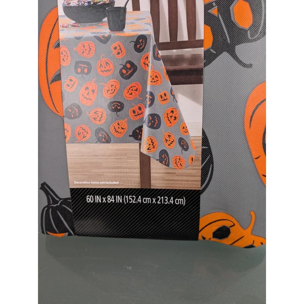 Way to Celebrate Halloween Pumpkin PEVA Tablecloth 60x84 Rectangle Gray Orange